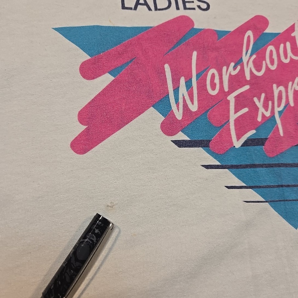 VTG 90s XL Ladies Workout Express T-Shirt Single Stitch Neon Gym 50/50 Hanes Tee - Picture 3 of 10